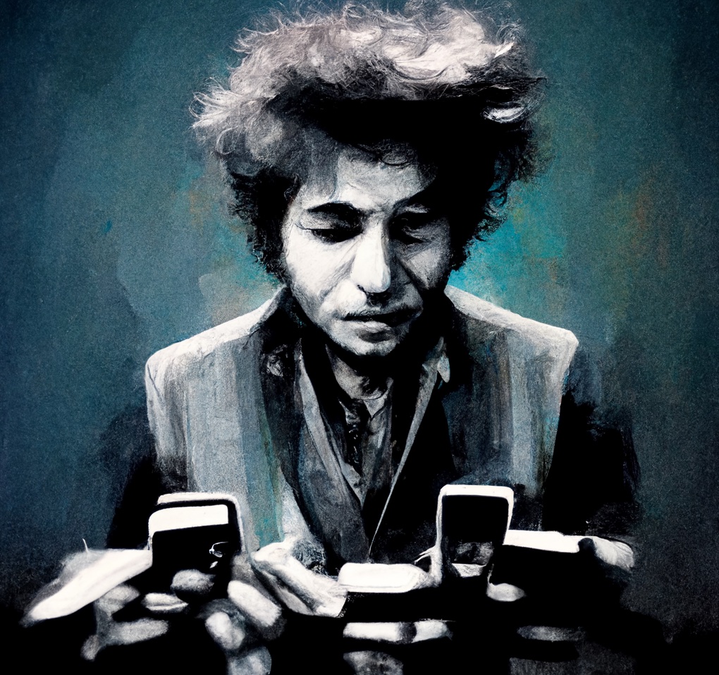 Bob Dylan med konfiskerte telefoner. Bilde generert av Midjourney